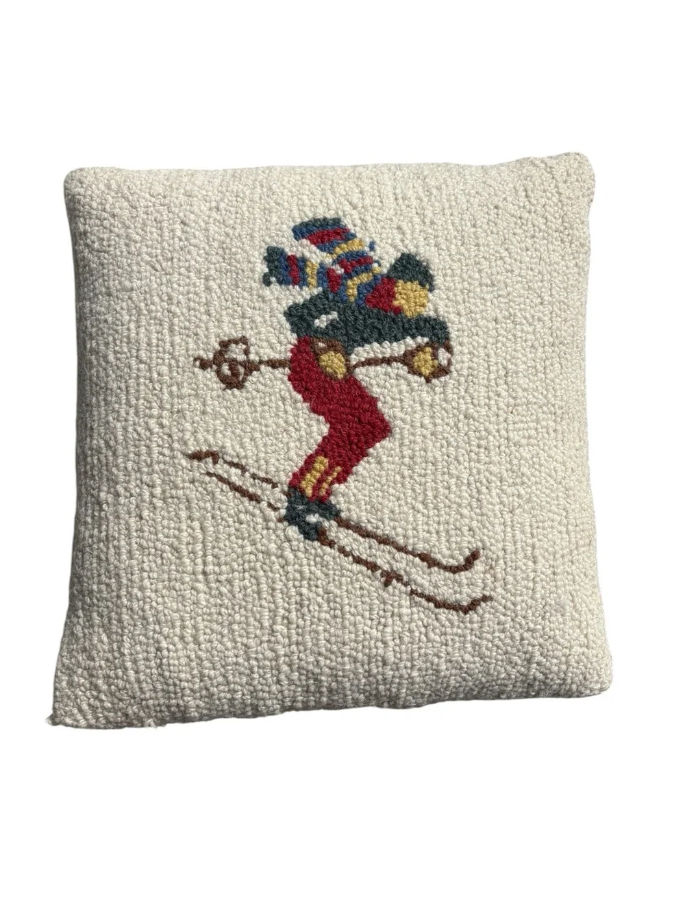 L.L. Bean Wool Hooked Downhill Skier Motif Throw Pillow 15”x16”